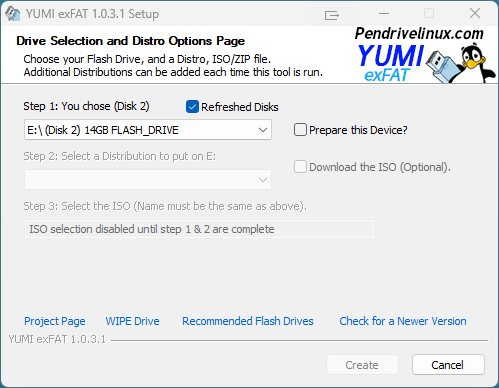 Yumi window with flash drive selected